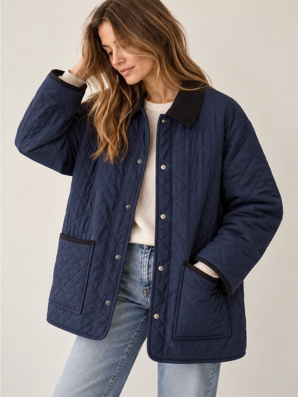Zara Quilted Navy Women's Barn Jacket Coat Black Contrast Collar Size XS NWT